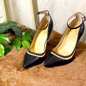 Levity black leather ankle strap stilettos 4 inch